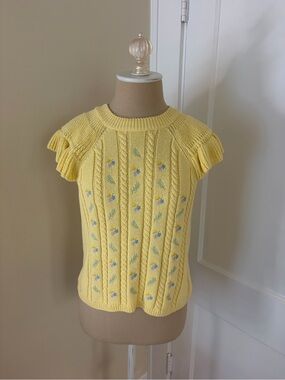 Zara Yellow Cable Knit Floral Short Sleeve Sweater